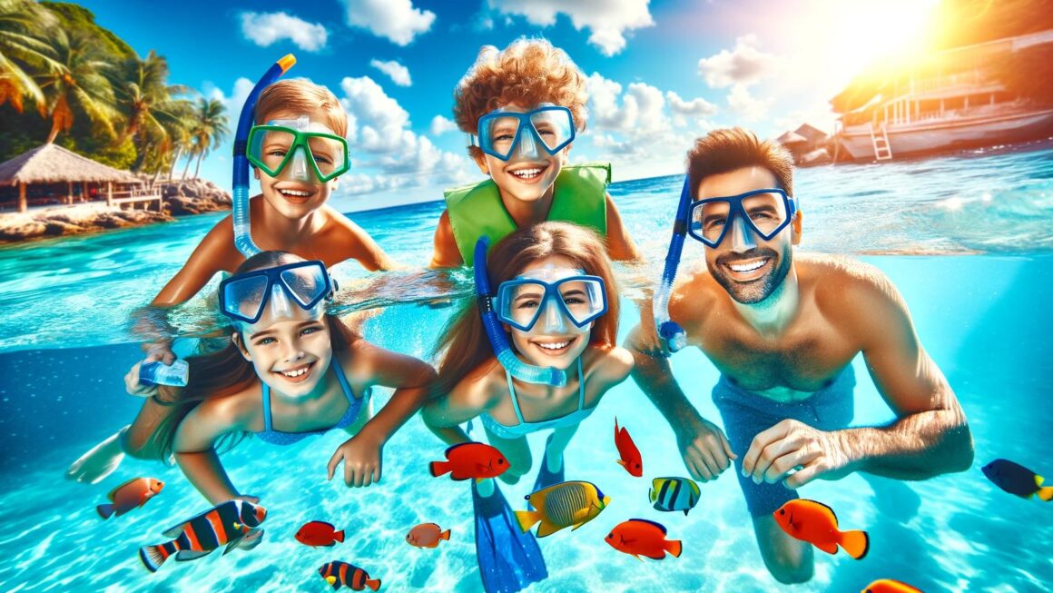 A vibrant family enjoying water adventures: a mother, father, and two children snorkeling together in clear blue waters with colorful fish. The scene is lively and joyful, showcasing beautiful natural surroundings and sunny weather.