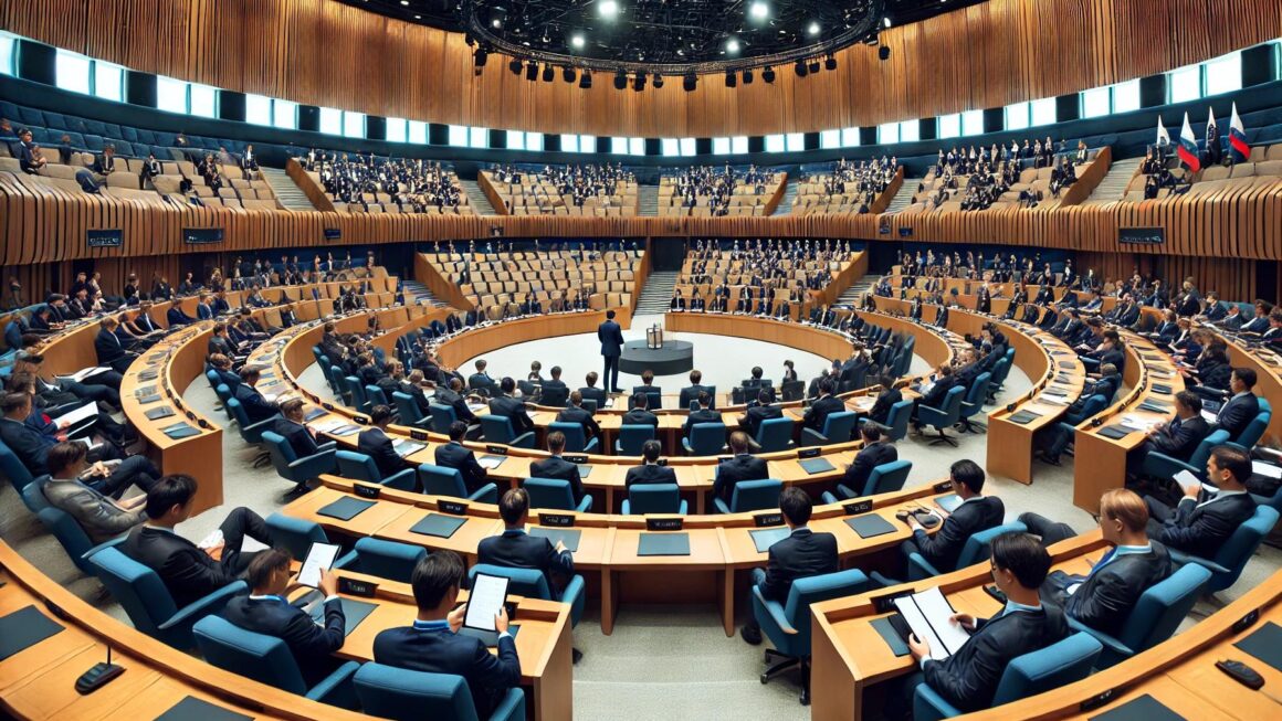 A large conference room with participants seated in a circular arrangement, dressed formally, engaged in discussions. A speaker presents on a raised platform with a large screen in the background.