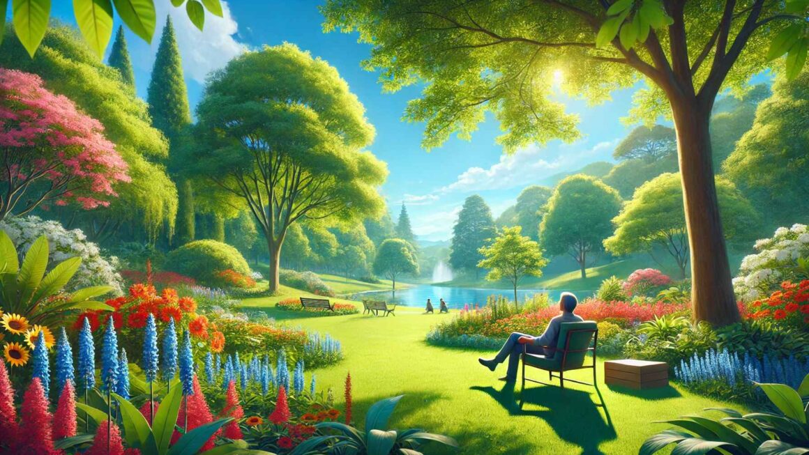 A person sitting in a serene green park surrounded by vibrant flowers and trees, enjoying a leisure activity under a sunny sky.